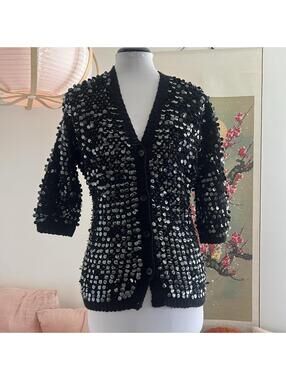 Vintage I. Magnin Black Sequin Cardigan Sweater V-Neck Evening Cocktail Large